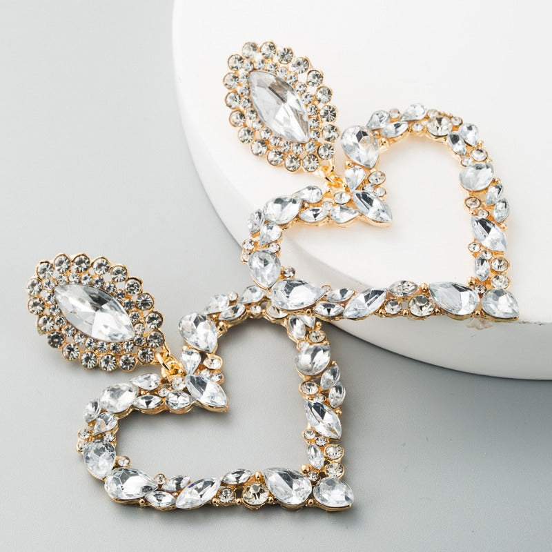 Wholesale Popular Heart-shaped Alloy Inlaid with Colored Diamonds Retro Temperament Exaggerated Super Shiny Full Diamond Earrings